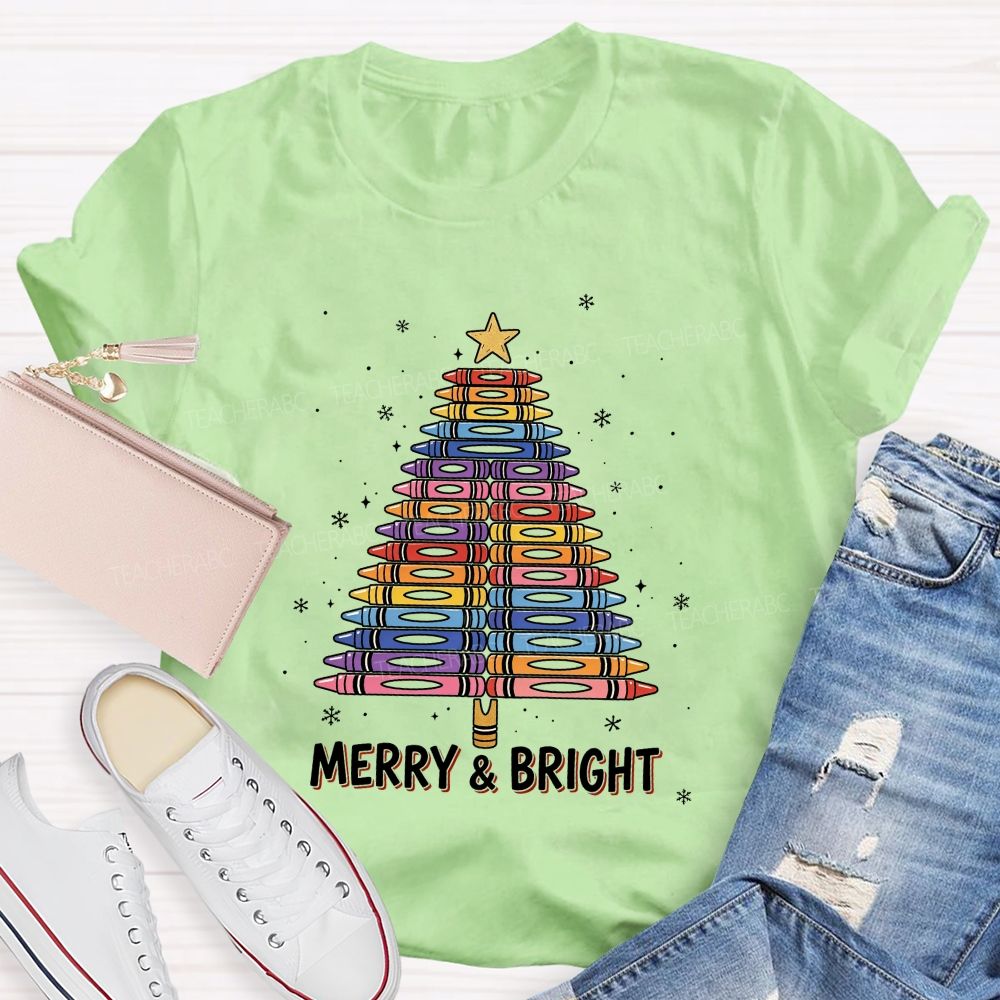 Merry And Bright Crayons Christmas Tree Teacher T-shirt