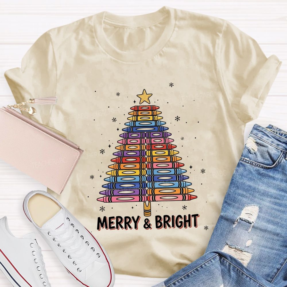 Merry And Bright Crayons Christmas Tree Teacher T-shirt