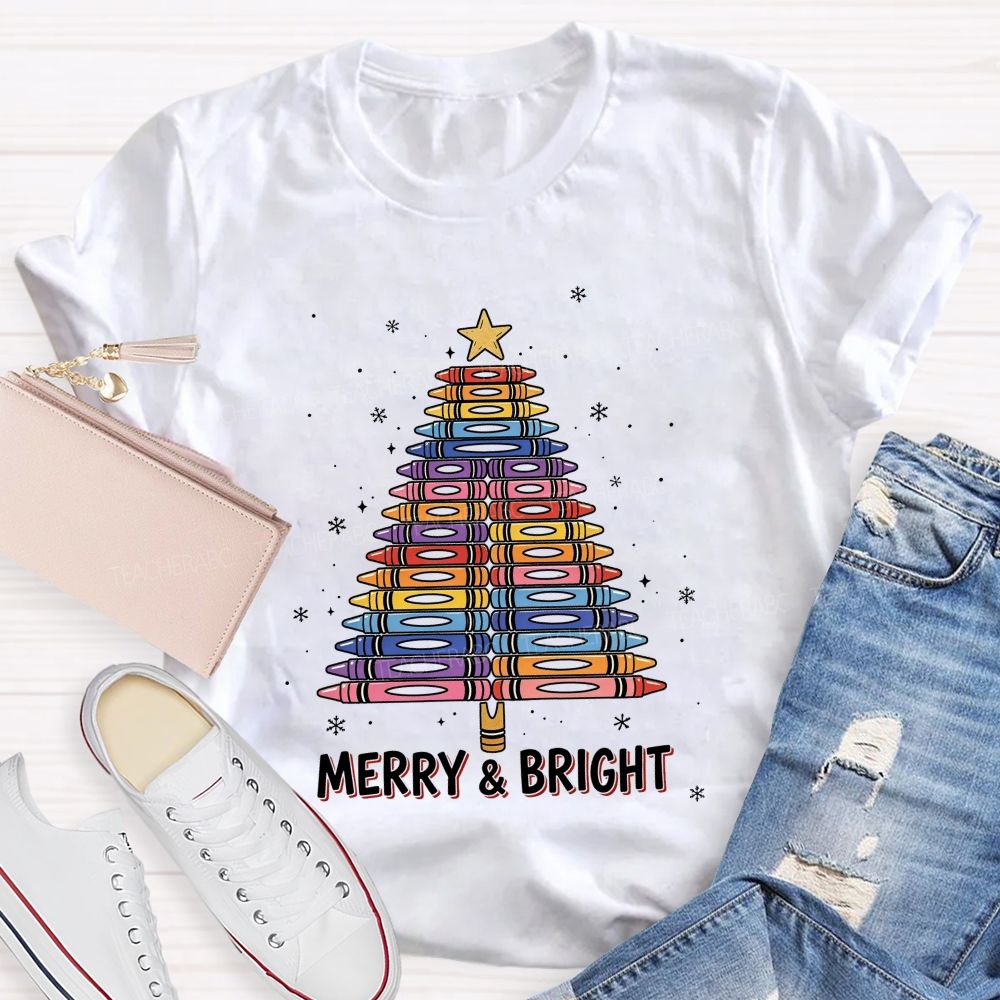 Merry And Bright Crayons Christmas Tree Teacher T-shirt