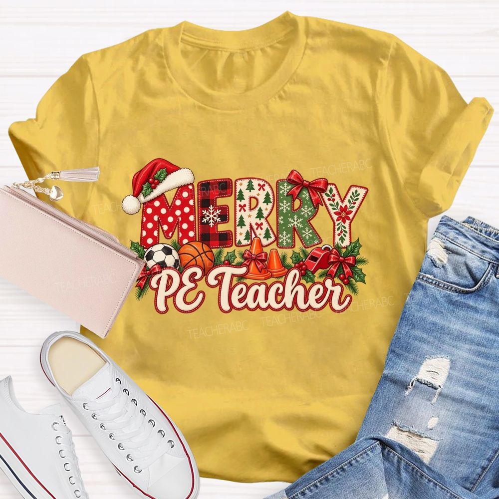 Merry Pe Teacher Christmas Pe Teacher Holiday Teacher T-shirt