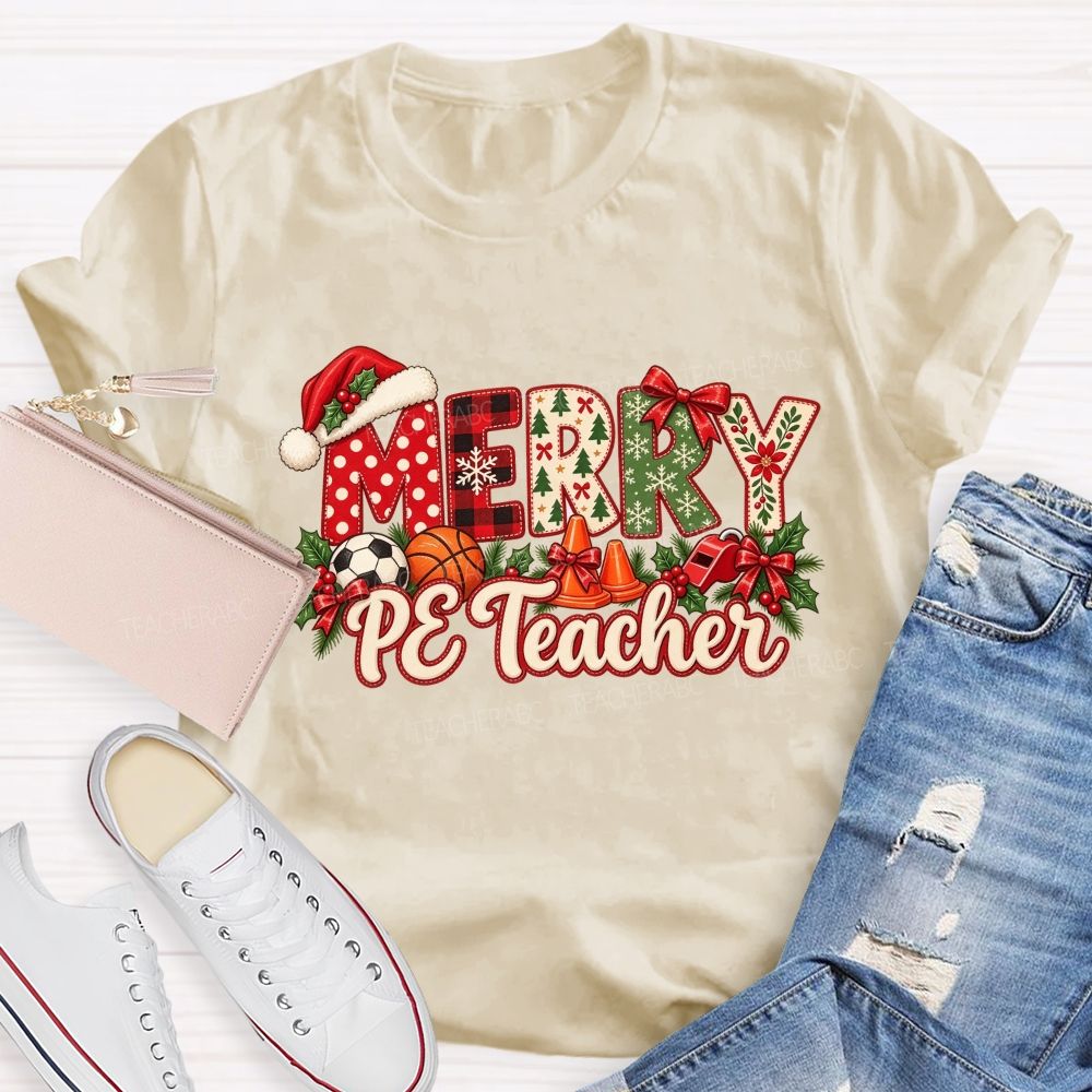 Merry Pe Teacher Christmas Pe Teacher Holiday Teacher T-shirt