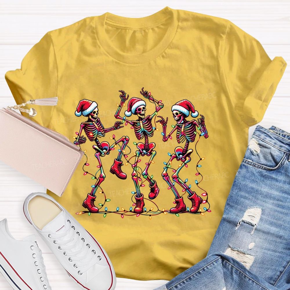 Dancing Christmas Skeletons With Santa Hat Christmas Lights Teacher T-shirt