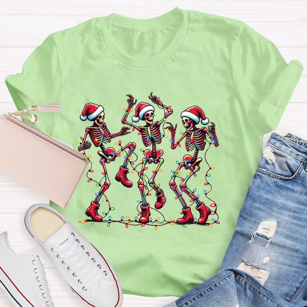 Dancing Christmas Skeletons With Santa Hat Christmas Lights Teacher T-shirt