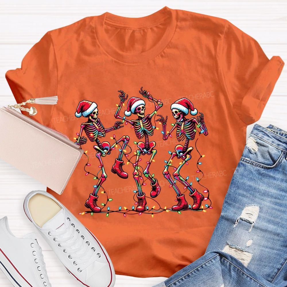 Dancing Christmas Skeletons With Santa Hat Christmas Lights Teacher T-shirt