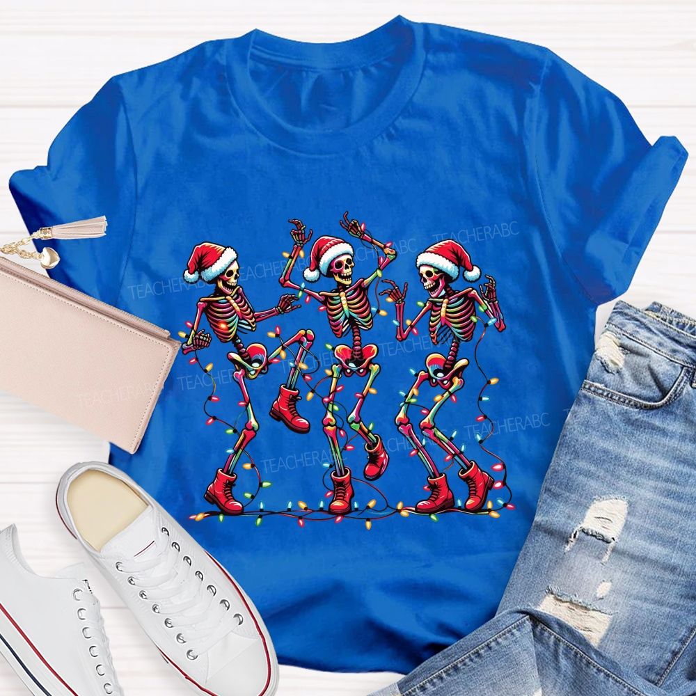 Dancing Christmas Skeletons With Santa Hat Christmas Lights Teacher T-shirt