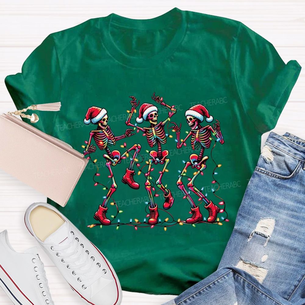 Dancing Christmas Skeletons With Santa Hat Christmas Lights Teacher T-shirt