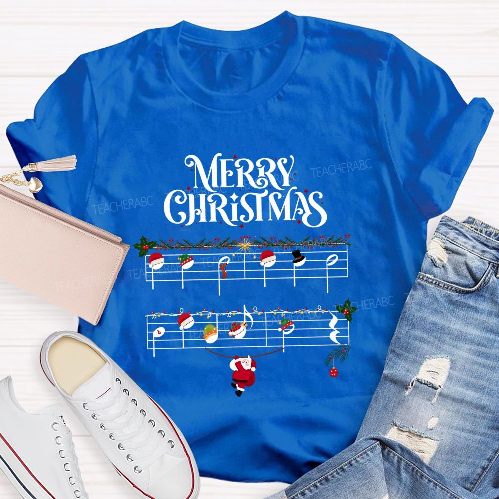 Merry Christmas Music Notes Music Staff Santa Teacher T-shirt