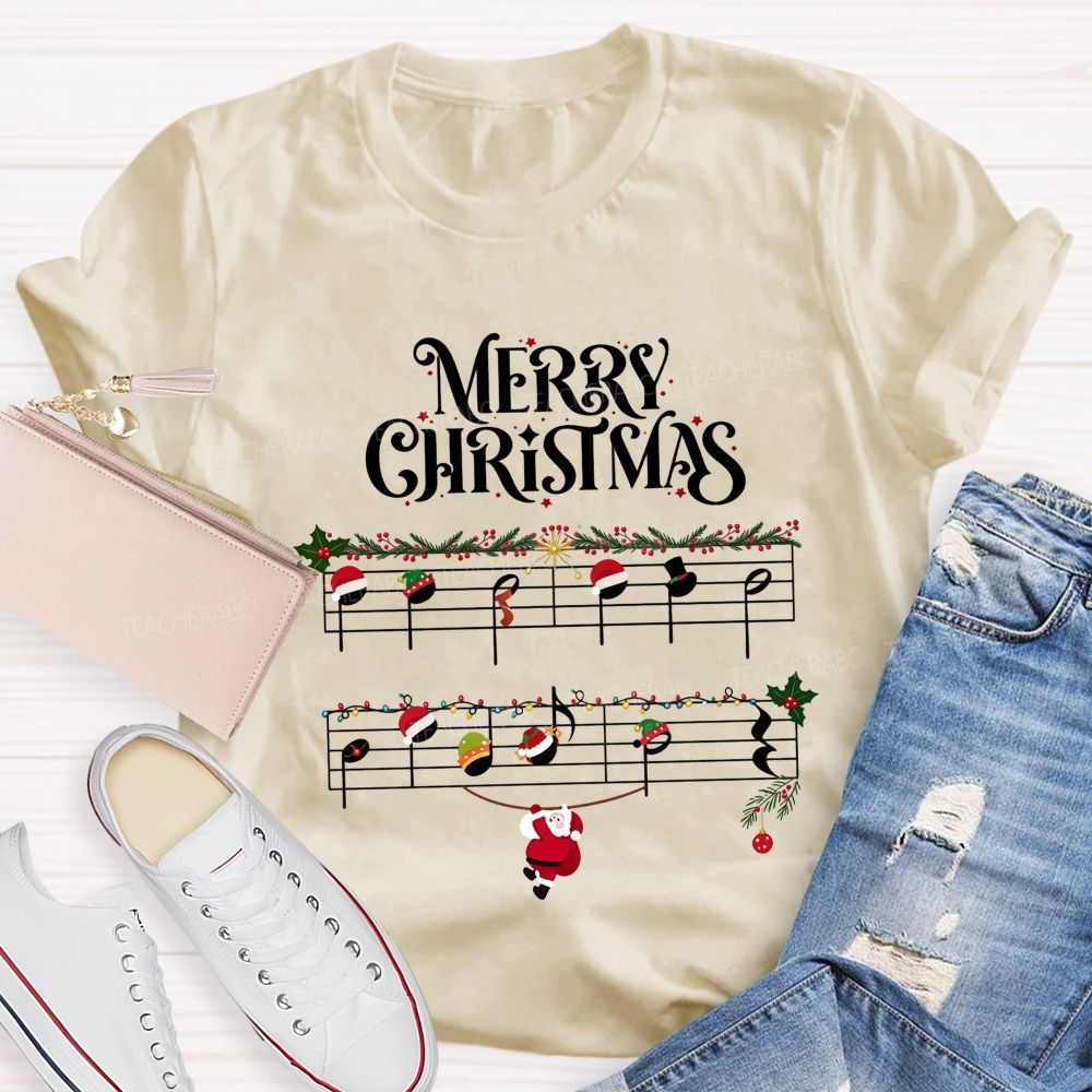 Merry Christmas Music Notes Music Staff Santa Teacher T-shirt