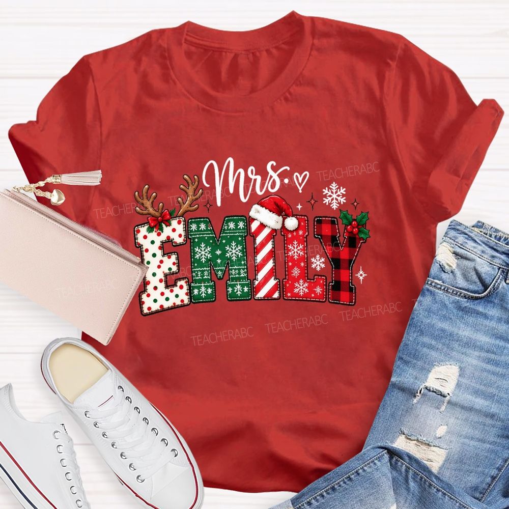 Personalized Name Christmas Red Plaid Emily Teacher T-shirt