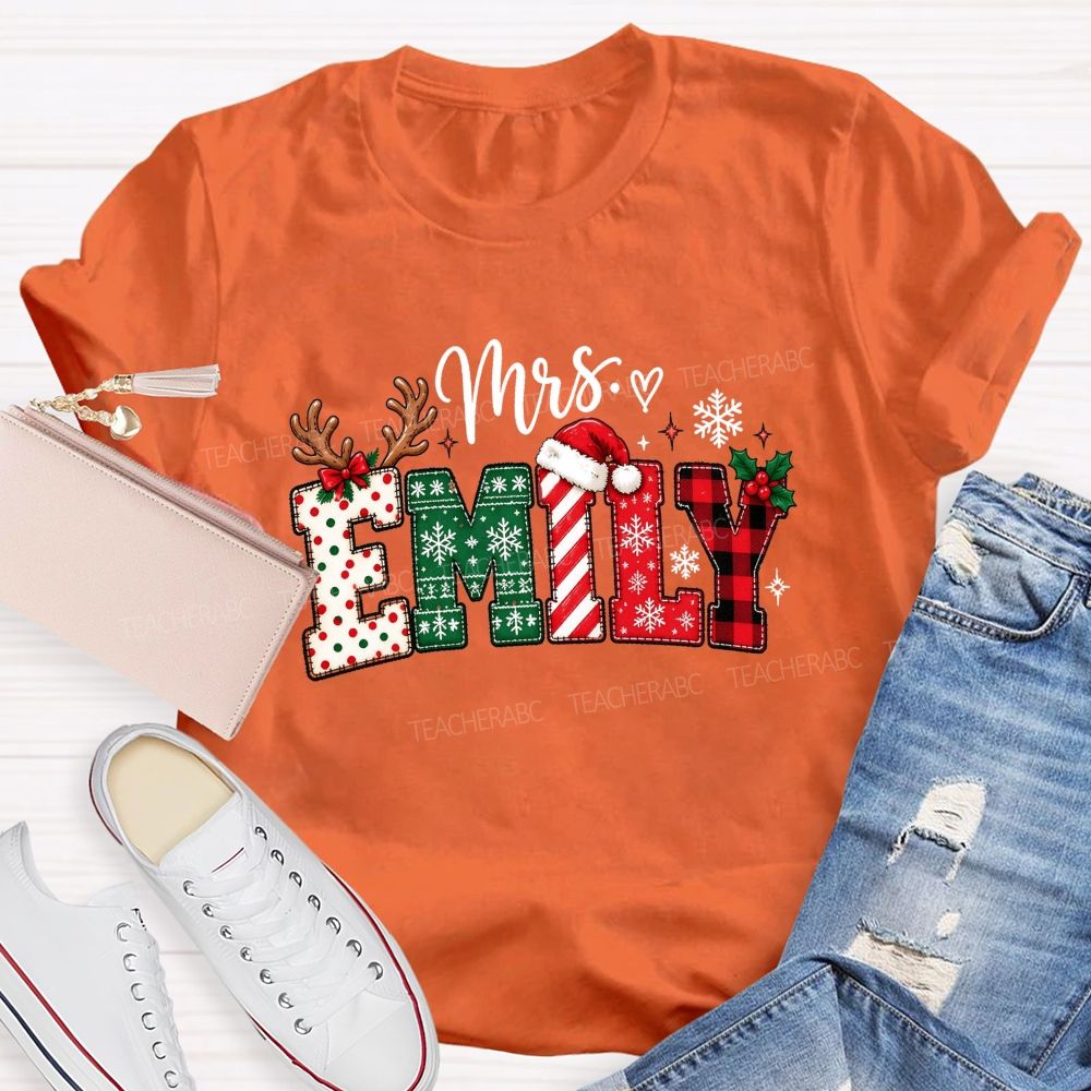 Personalized Name Christmas Red Plaid Emily Teacher T-shirt