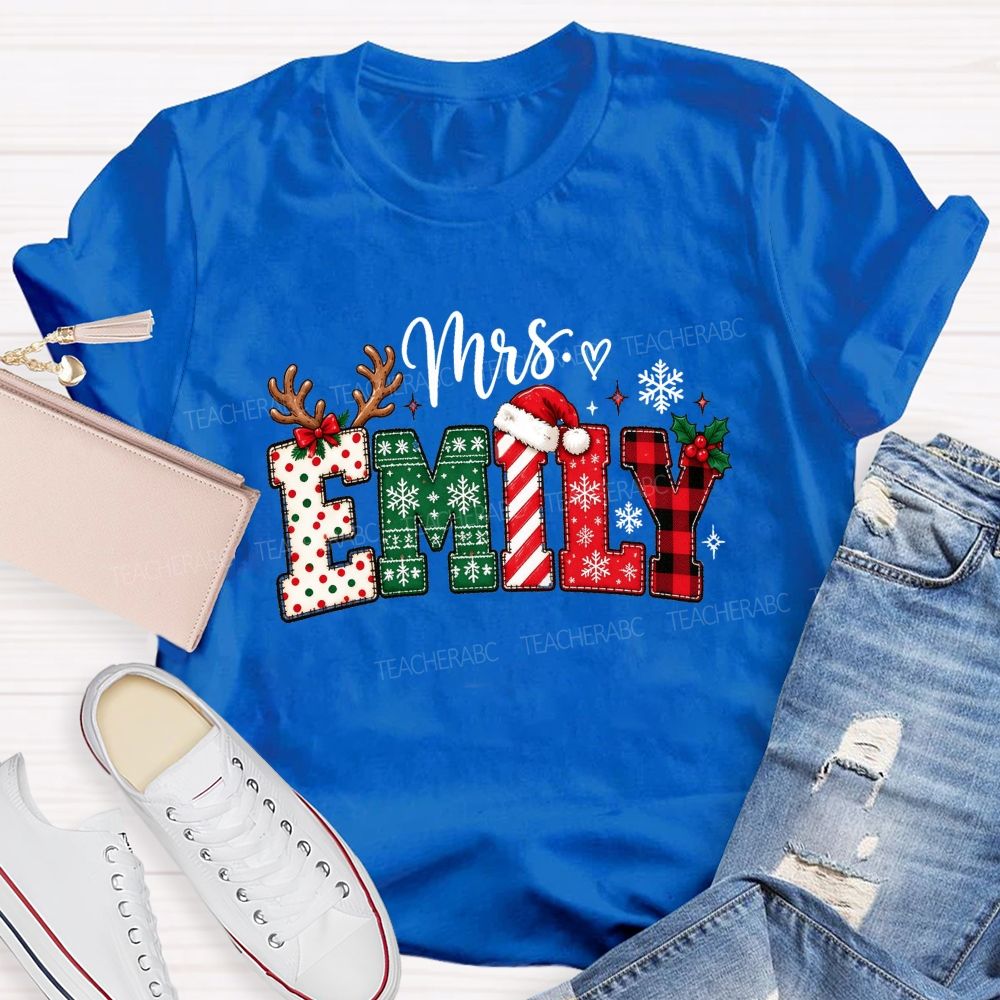 Personalized Name Christmas Red Plaid Emily Teacher T-shirt