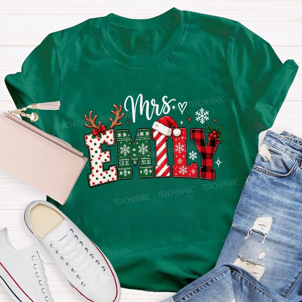 Personalized Name Christmas Red Plaid Emily Teacher T-shirt