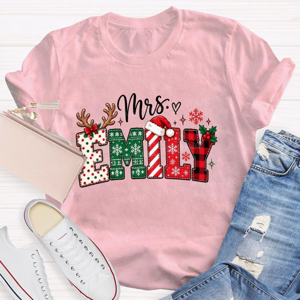 Personalized Name Christmas Red Plaid Emily Teacher T-shirt