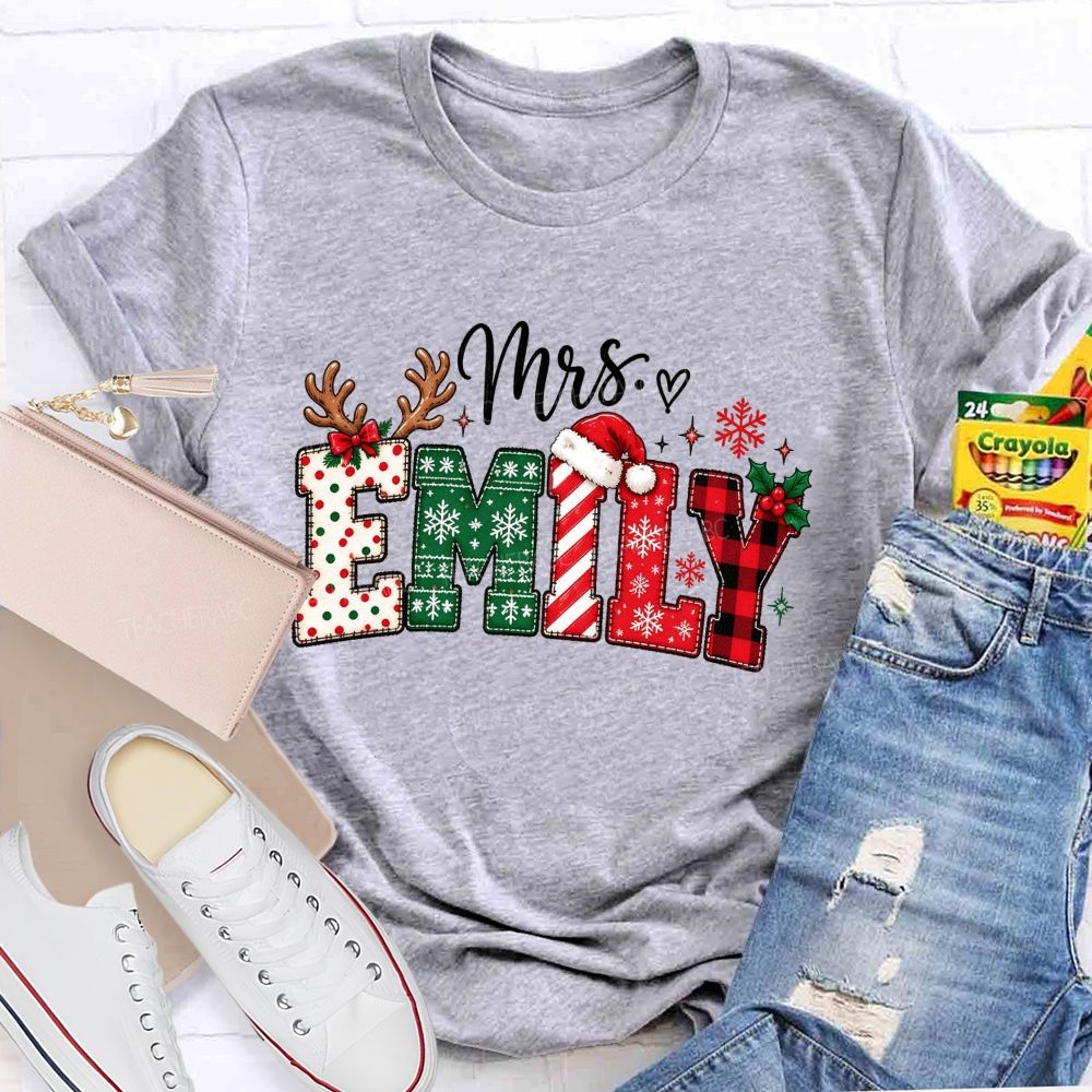 Personalized Name Christmas Red Plaid Emily Teacher T-shirt
