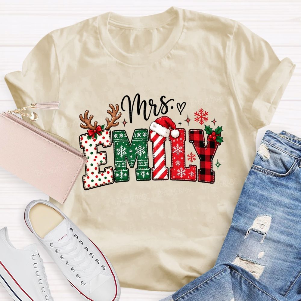 Personalized Name Christmas Red Plaid Emily Teacher T-shirt