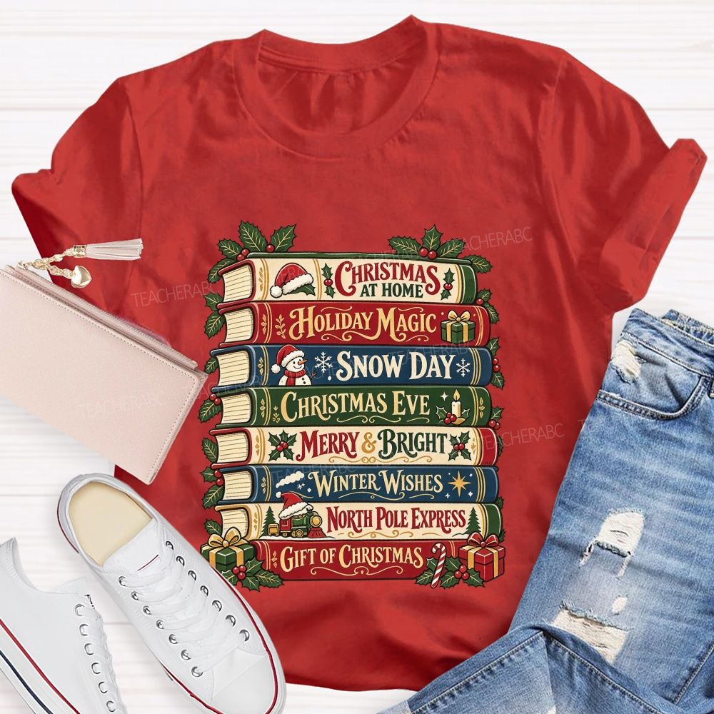 Christmas Book Stack Book Lover Christmas Stacked Books Teacher T-shirt