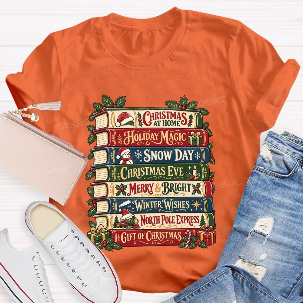 Christmas Book Stack Book Lover Christmas Stacked Books Teacher T-shirt