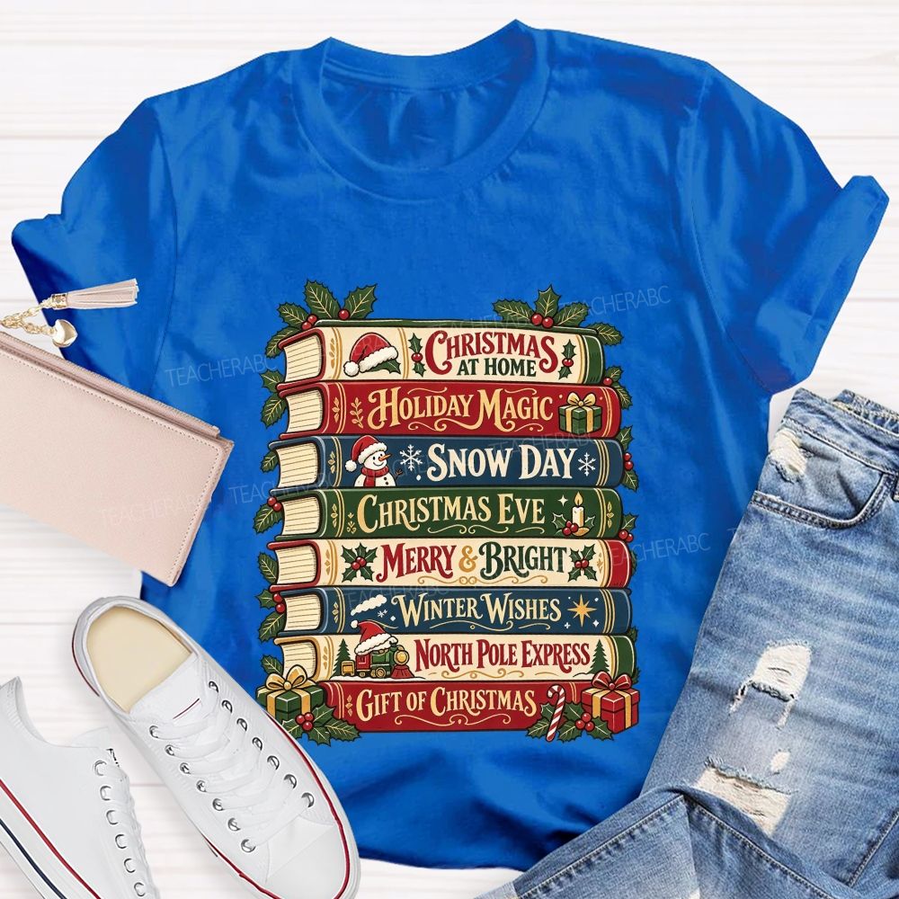 Christmas Book Stack Book Lover Christmas Stacked Books Teacher T-shirt