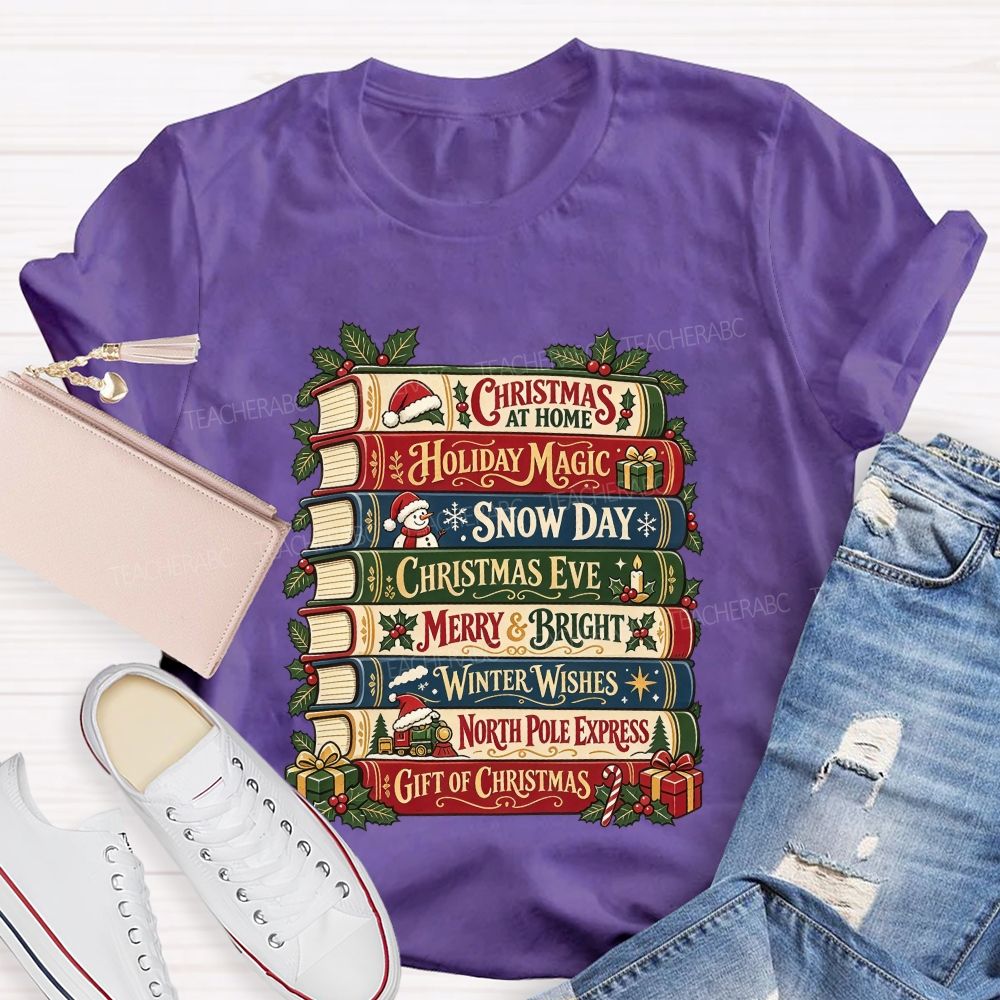 Christmas Book Stack Book Lover Christmas Stacked Books Teacher T-shirt