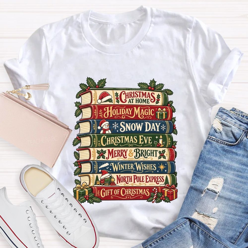 Christmas Book Stack Book Lover Christmas Stacked Books Teacher T-shirt
