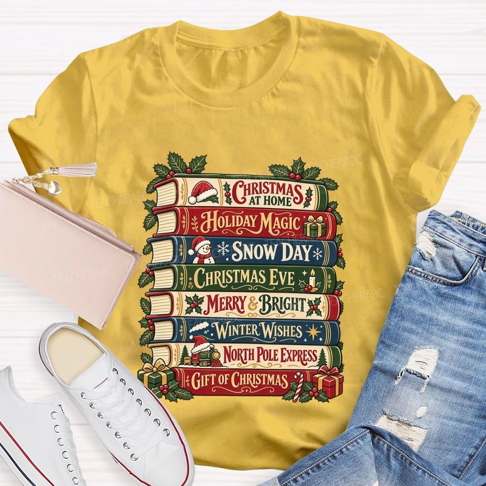 Christmas Book Stack Book Lover Christmas Stacked Books Teacher T-shirt