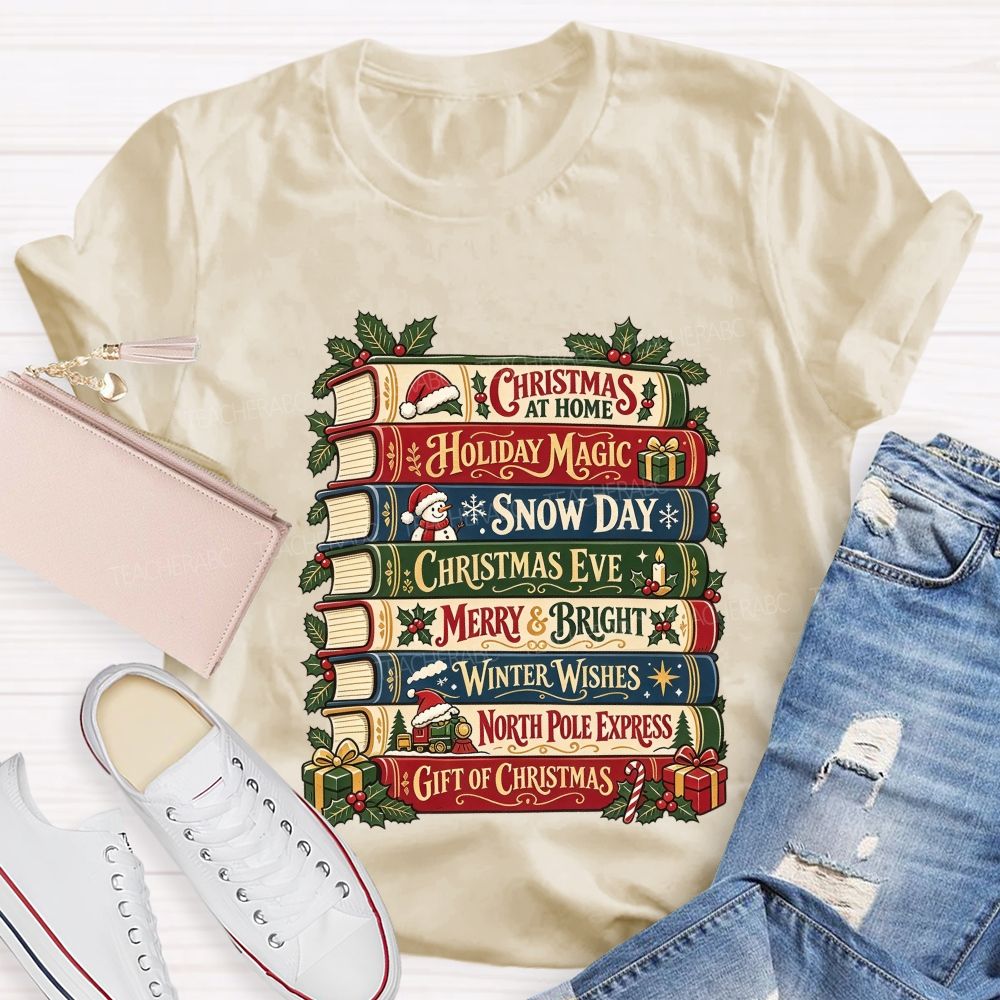Christmas Book Stack Book Lover Christmas Stacked Books Teacher T-shirt