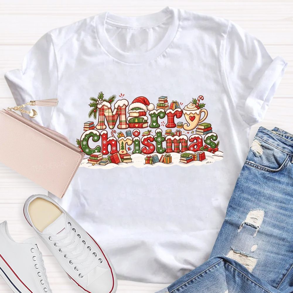 Merry Christmas With Books And Hot Cocoa Book Lover Teacher T-shirt