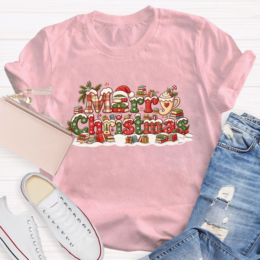 Merry Christmas With Books And Hot Cocoa Book Lover Teacher T-shirt