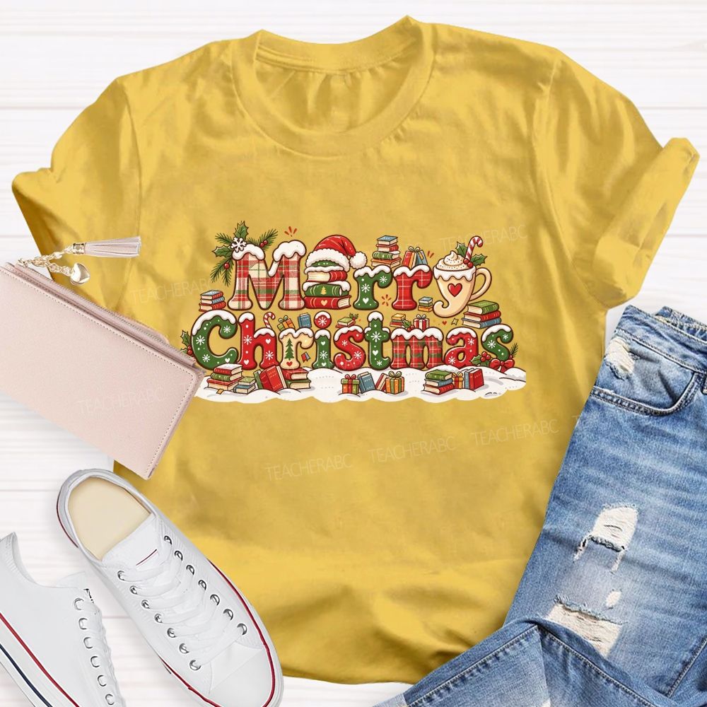Merry Christmas With Books And Hot Cocoa Book Lover Teacher T-shirt