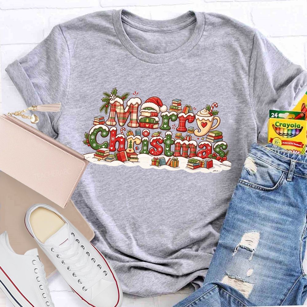 Merry Christmas With Books And Hot Cocoa Book Lover Teacher T-shirt