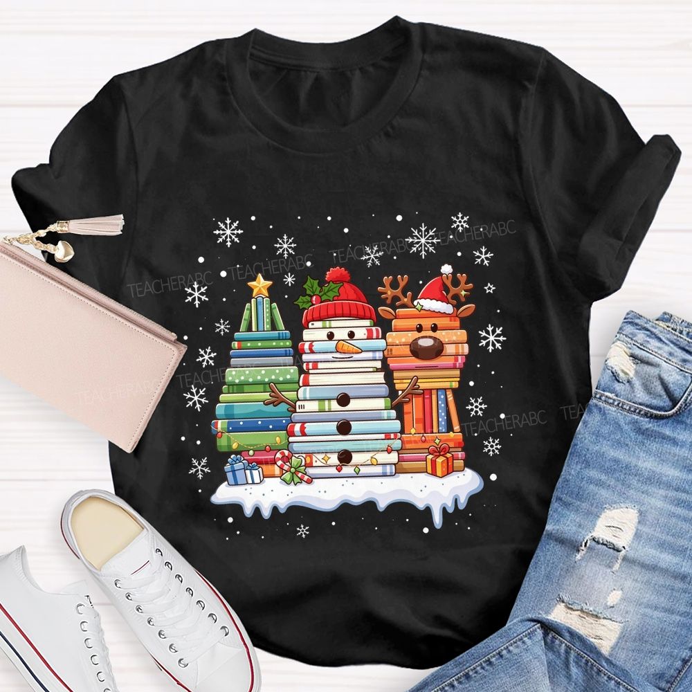 Book Tree Snowman Reindeer Christmas Book Stack Christmas Teacher T-shirt