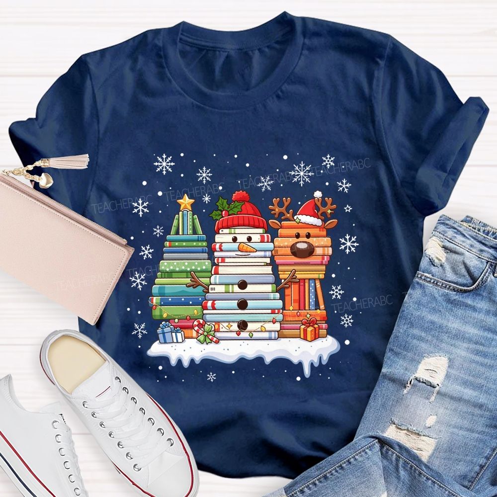 Book Tree Snowman Reindeer Christmas Book Stack Christmas Teacher T-shirt