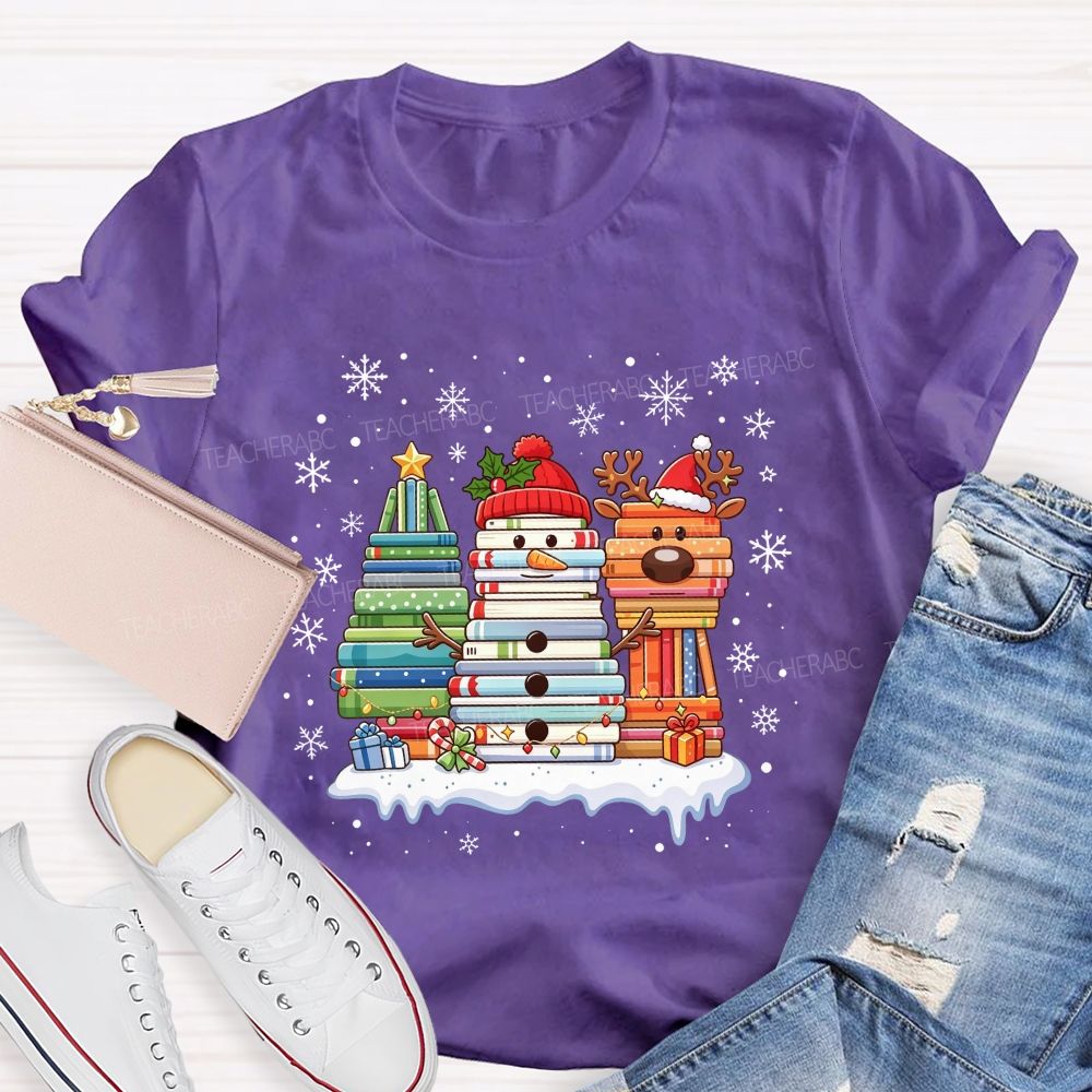 Book Tree Snowman Reindeer Christmas Book Stack Christmas Teacher T-shirt