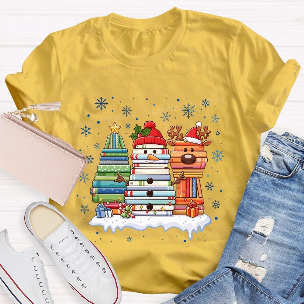Book Tree Snowman Reindeer Christmas Book Stack Christmas Teacher T-shirt
