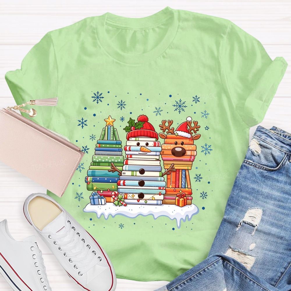 Book Tree Snowman Reindeer Christmas Book Stack Christmas Teacher T-shirt