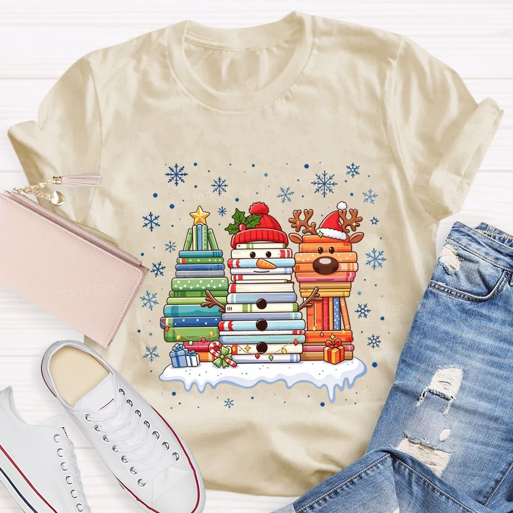 Book Tree Snowman Reindeer Christmas Book Stack Christmas Teacher T-shirt