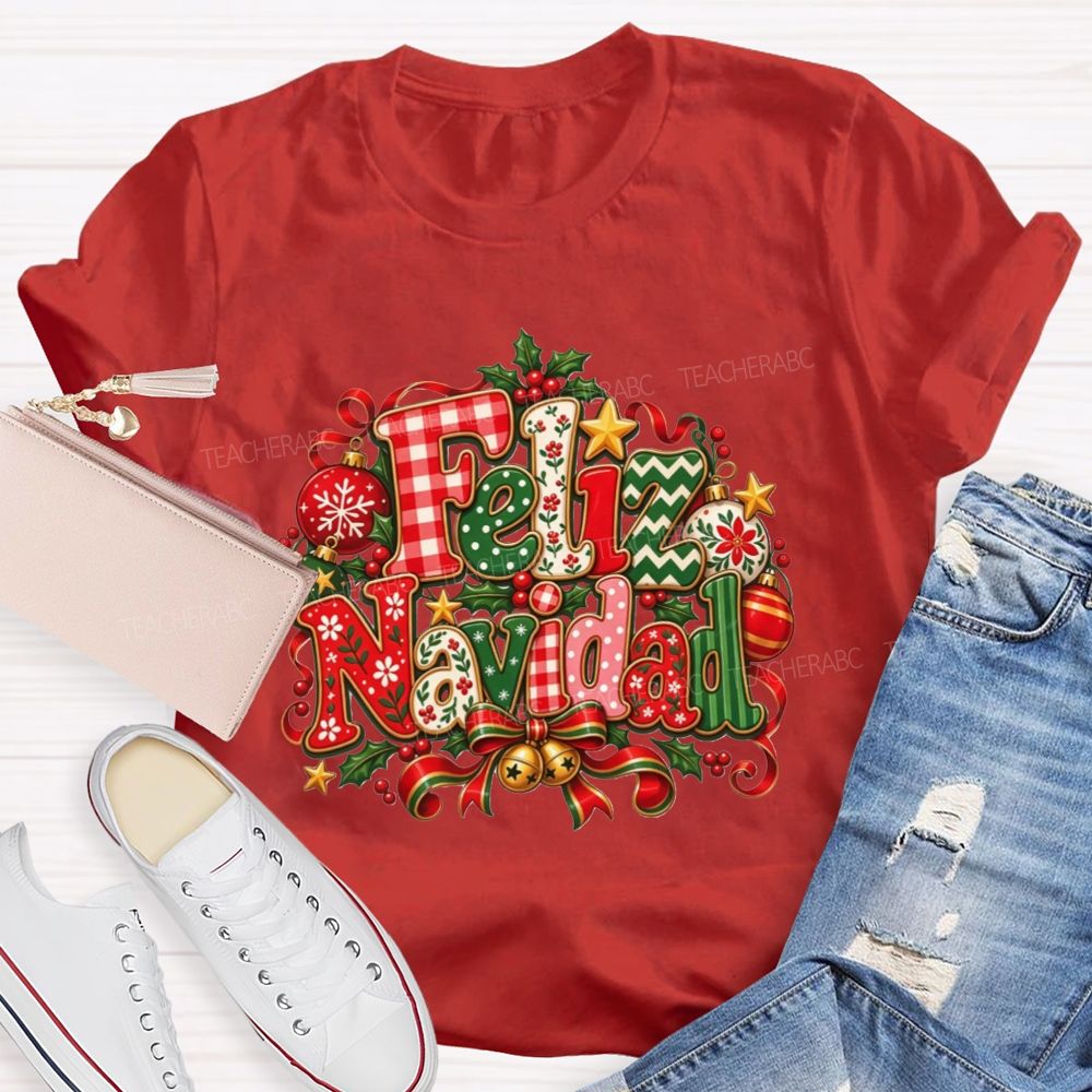 Festive Feliz Navidad Christmas Teacher T-shirt