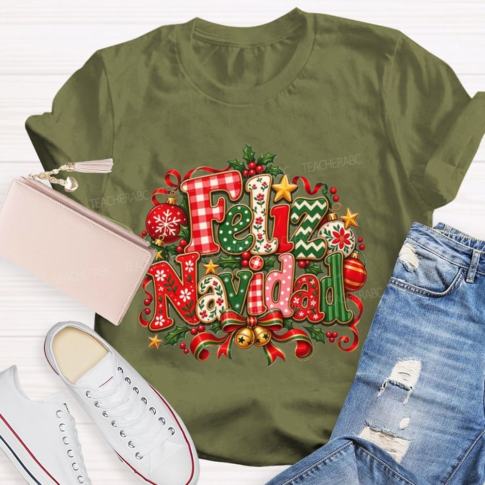 Festive Feliz Navidad Christmas Teacher T-shirt