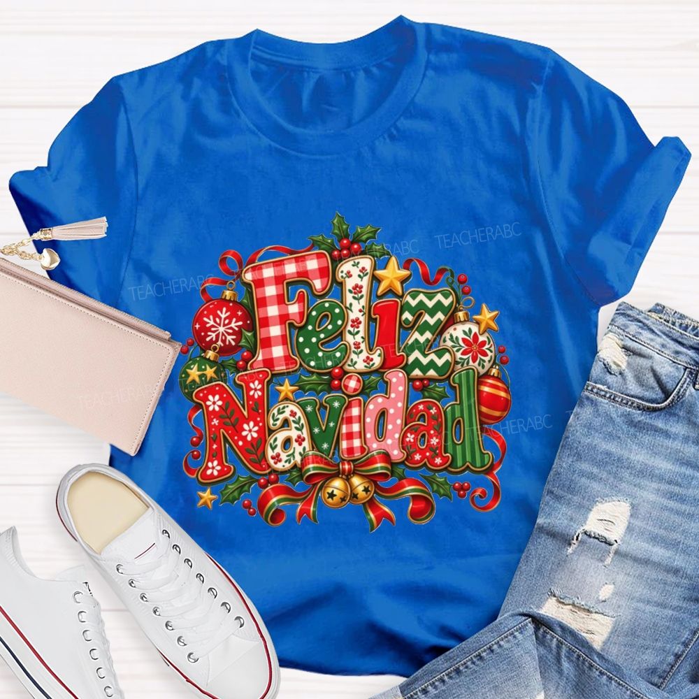 Festive Feliz Navidad Christmas Teacher T-shirt