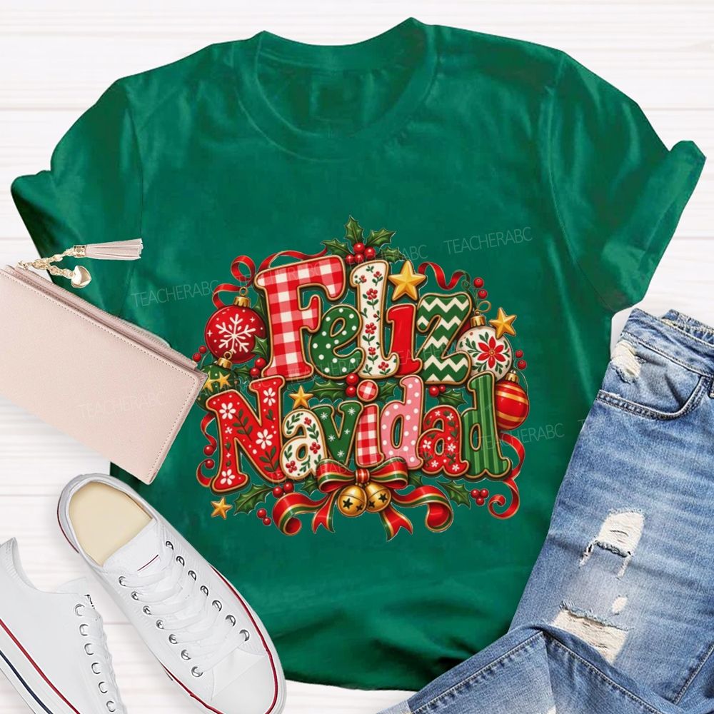 Festive Feliz Navidad Christmas Teacher T-shirt