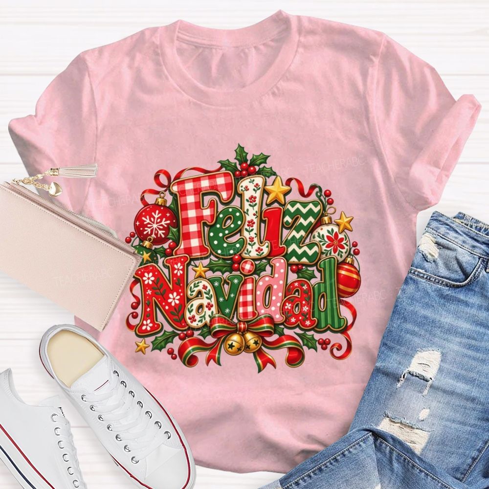Festive Feliz Navidad Christmas Teacher T-shirt