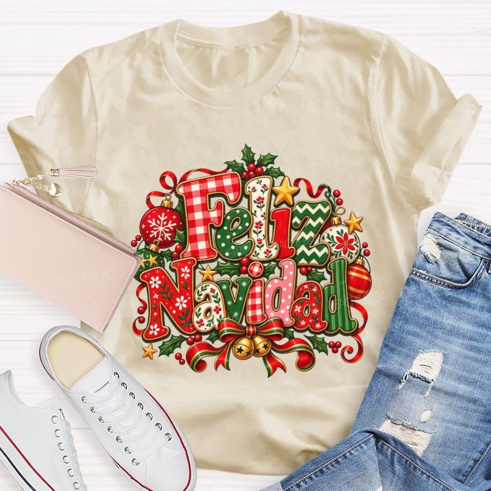 Festive Feliz Navidad Christmas Teacher T-shirt