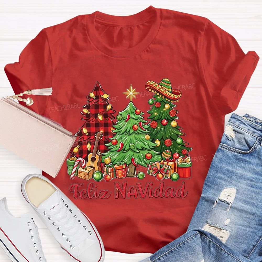 Feliz Navidad Christmas Trees Spanish Christmas Teacher T-shirt