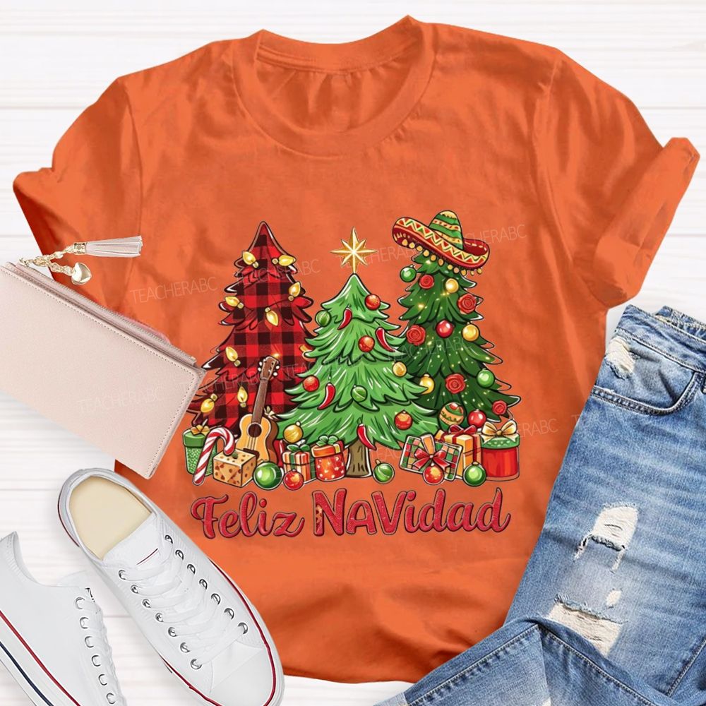 Feliz Navidad Christmas Trees Spanish Christmas Teacher T-shirt