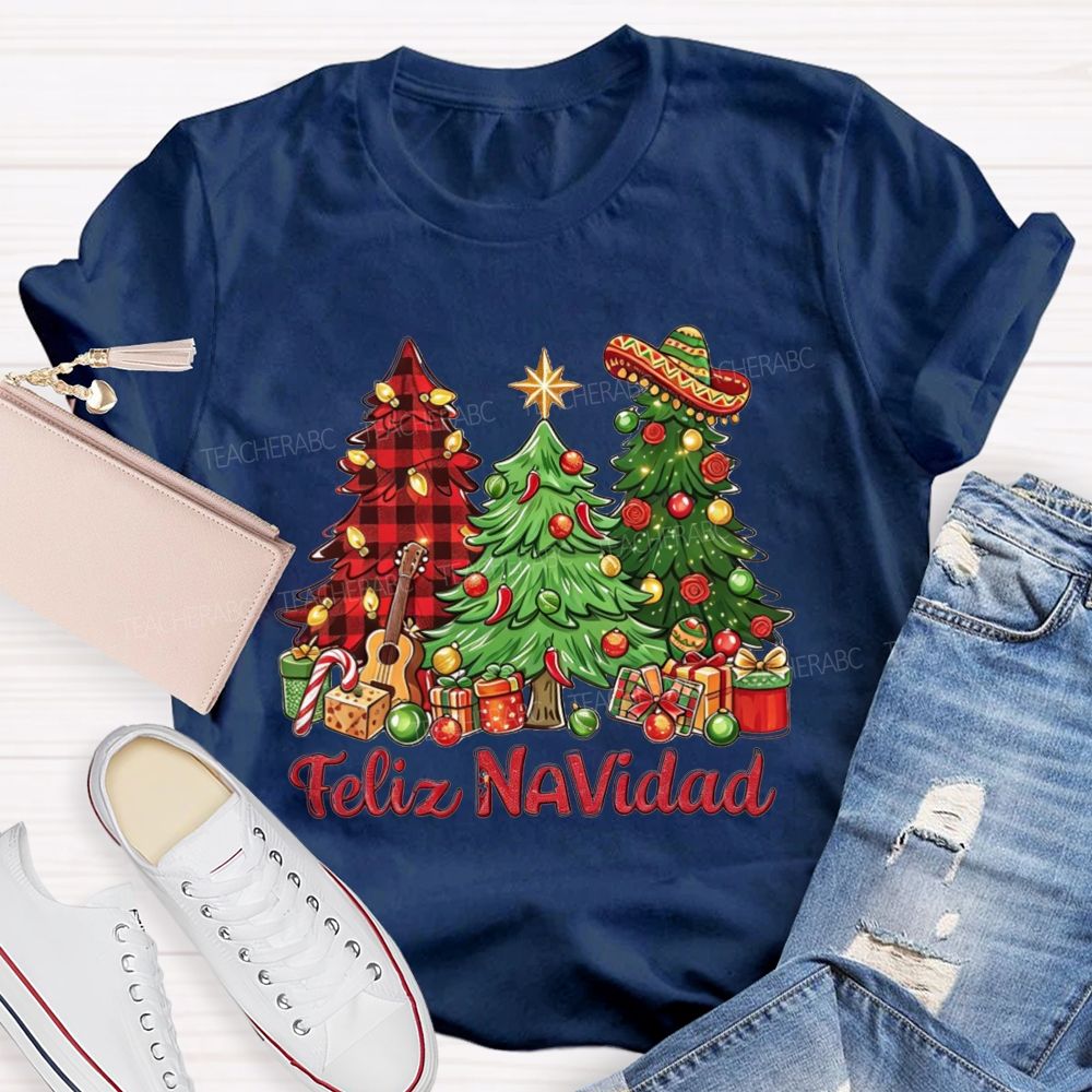 Feliz Navidad Christmas Trees Spanish Christmas Teacher T-shirt
