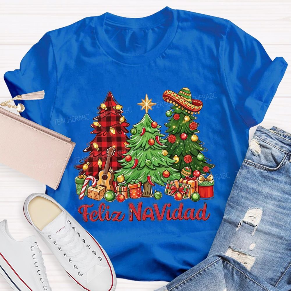 Feliz Navidad Christmas Trees Spanish Christmas Teacher T-shirt