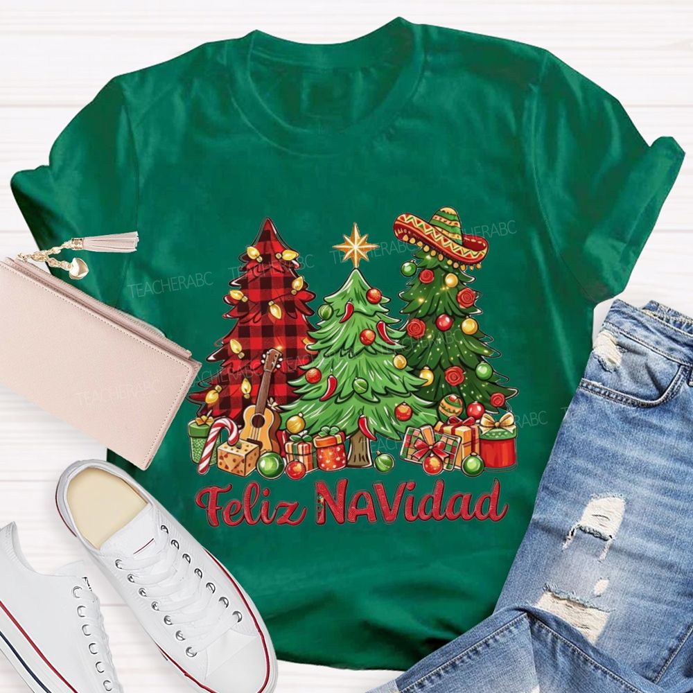 Feliz Navidad Christmas Trees Spanish Christmas Teacher T-shirt