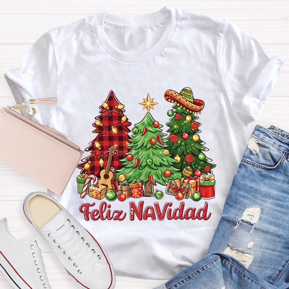 Feliz Navidad Christmas Trees Spanish Christmas Teacher T-shirt