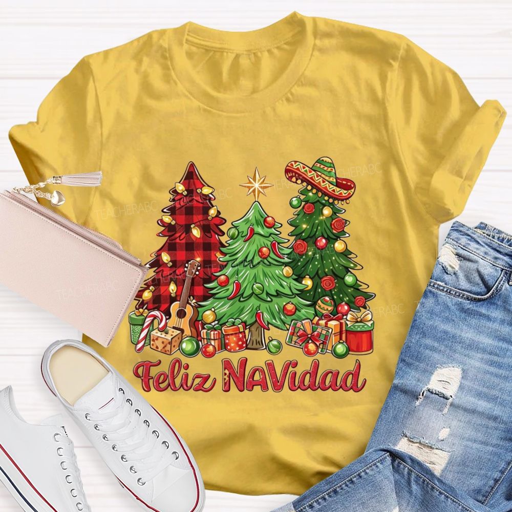 Feliz Navidad Christmas Trees Spanish Christmas Teacher T-shirt