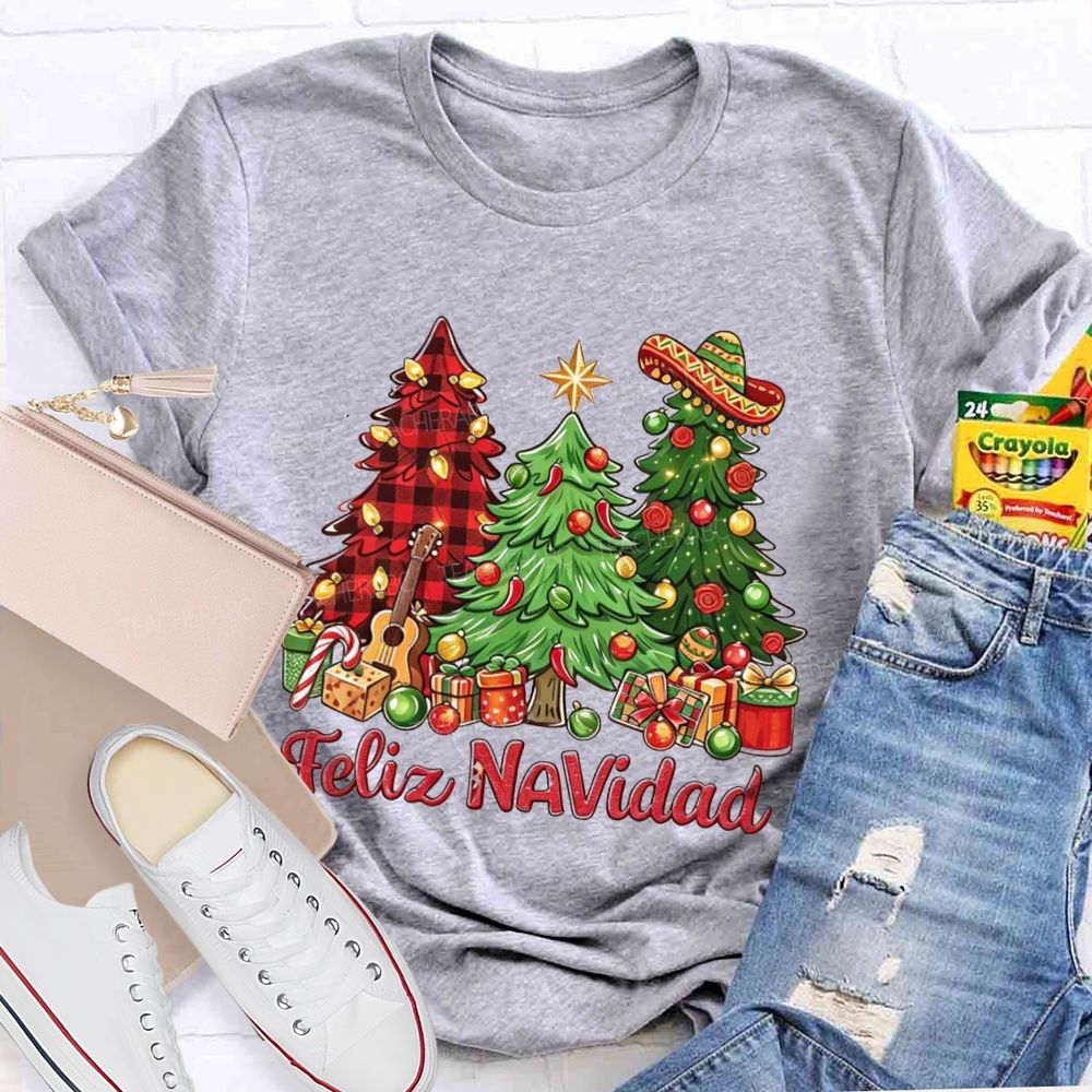 Feliz Navidad Christmas Trees Spanish Christmas Teacher T-shirt